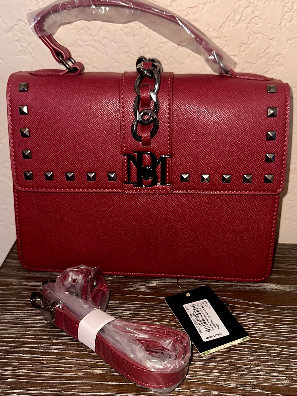 Badgley Mischka Burgendy Vegan Leather Studded Top-Handle Shoulder Bag